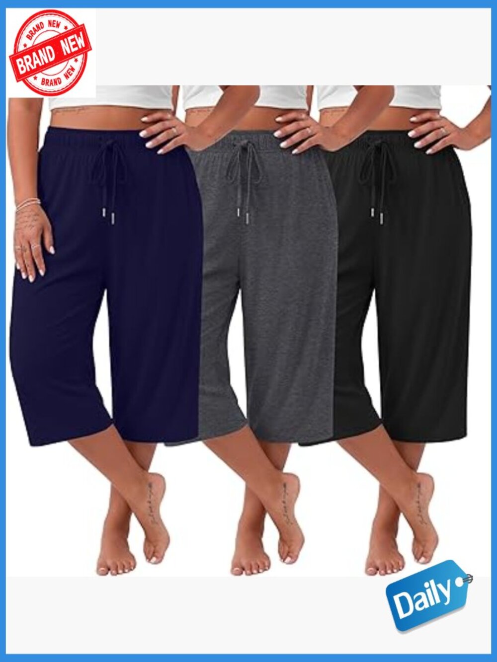 Plus Size Capris 3 Pack Loose Fit Wide Leg Yoga Cropped Pants Lounge Sweatpant